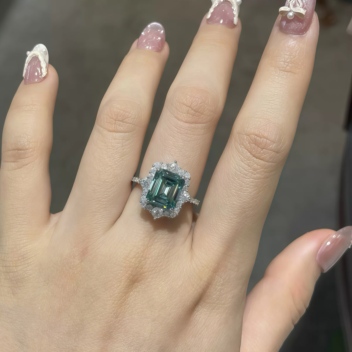 Emerald Cut Green Moissanite Diamond Ring