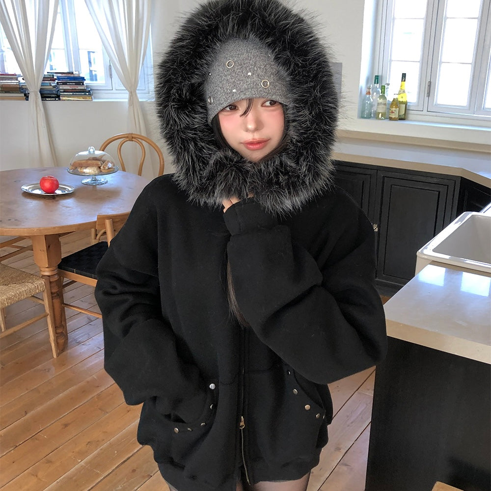 Black Fleece Lined Hood Zip Jacket