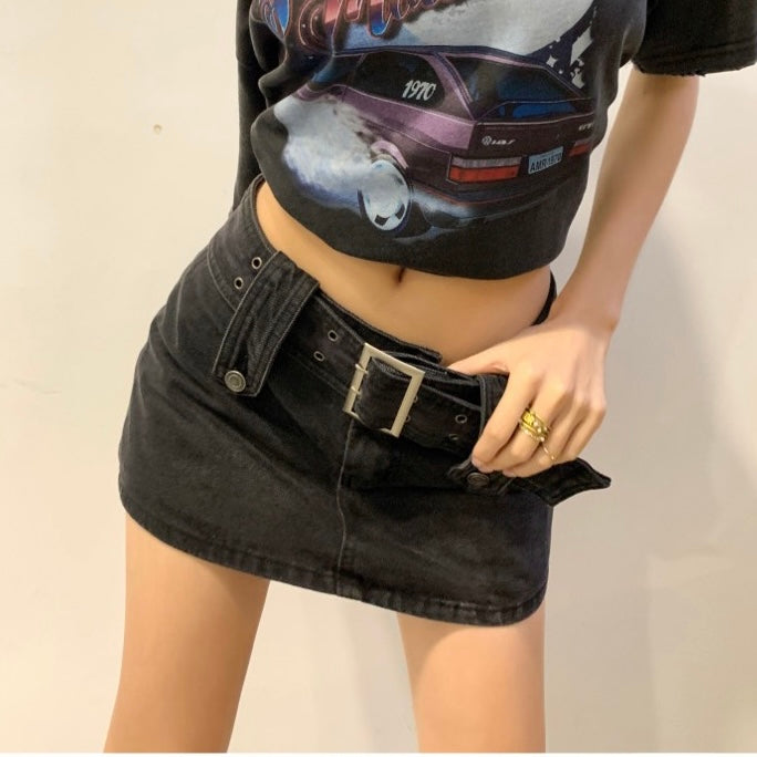Black Buckle Belt Denim Mini Skirt
