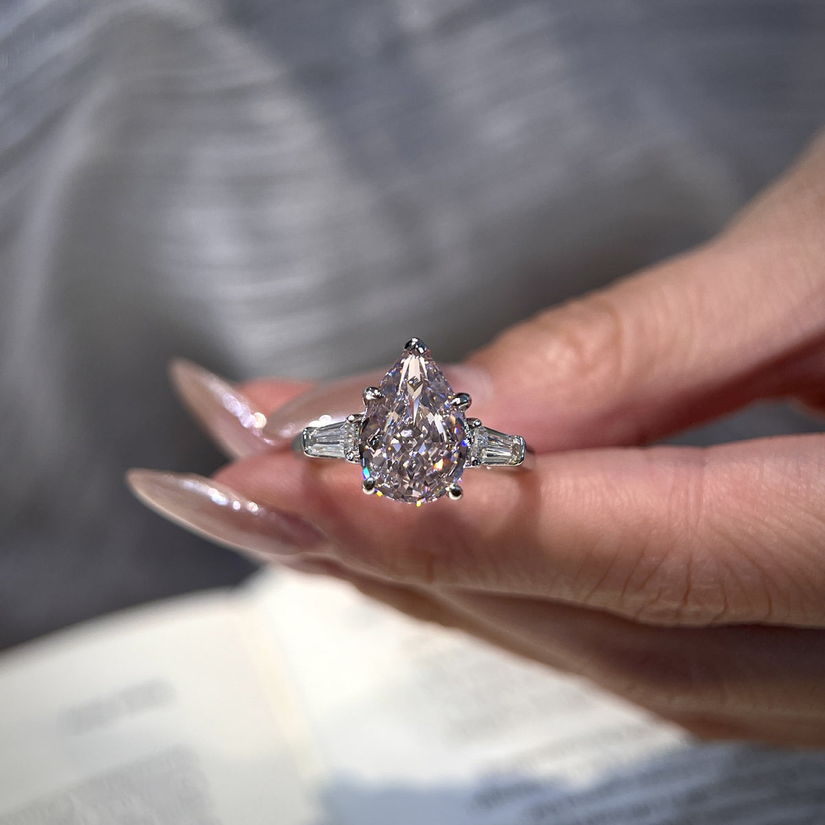 Pink Pear Trapezoid Trilogy Diamond Ring S925
