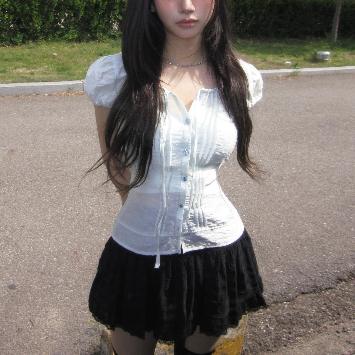Ribbed Puff Sheer Short Sleeve Top
