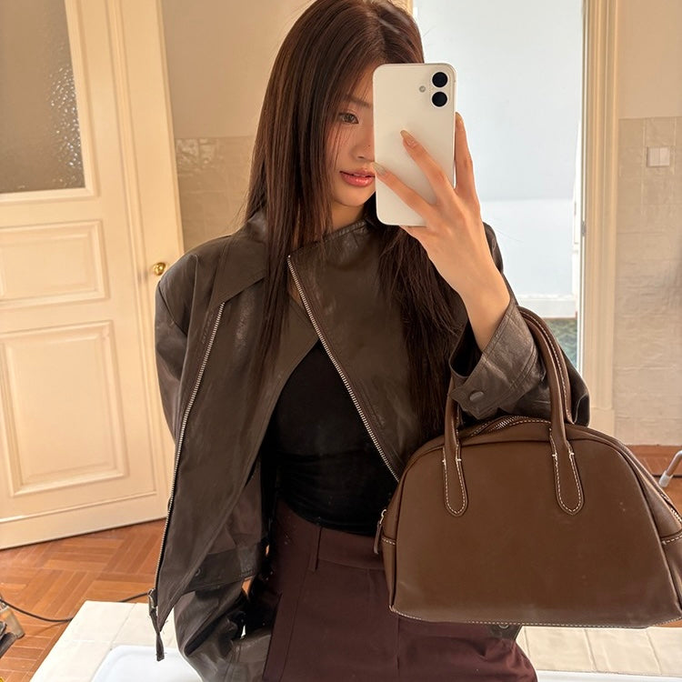 Brown Crop Faux Leather Zip Jacket