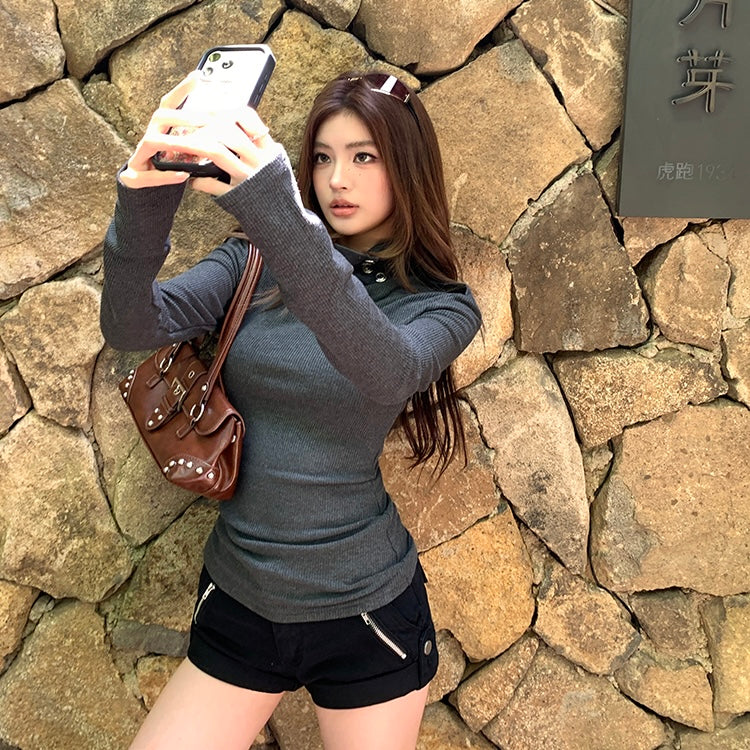 Dark Knit Button Turtleneck Top