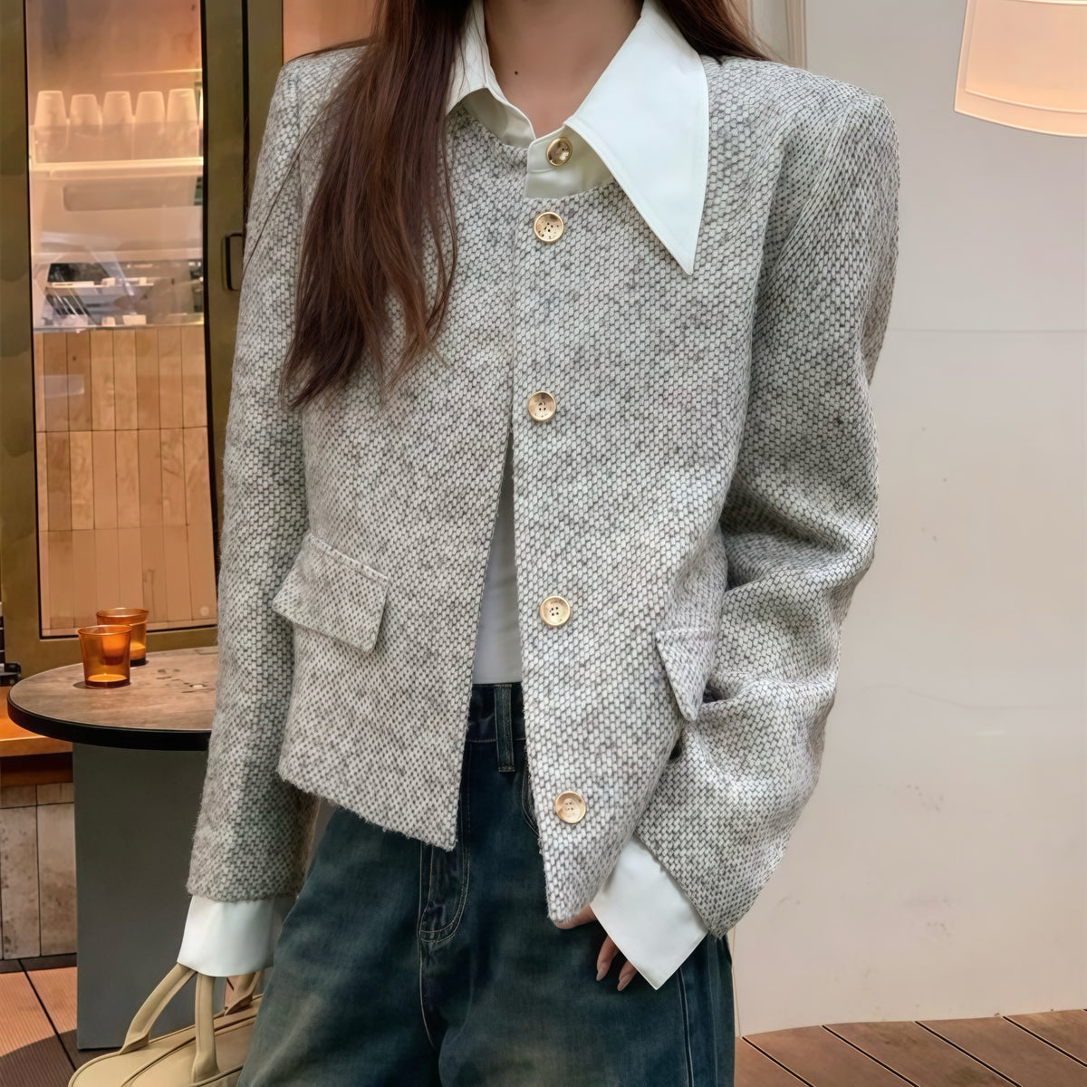 Grey Tweed Gold Button Jacket