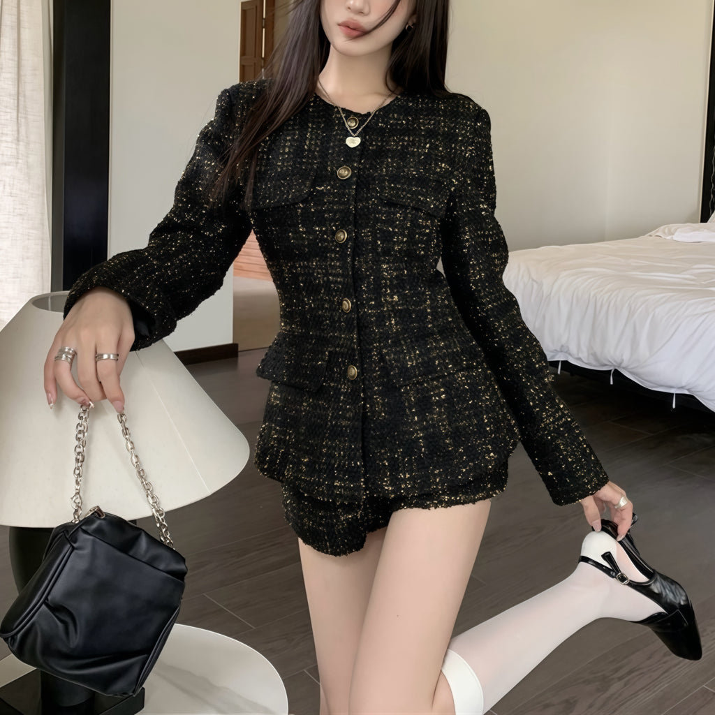 Black Tweed Gold Accent Blazer Skirt Set