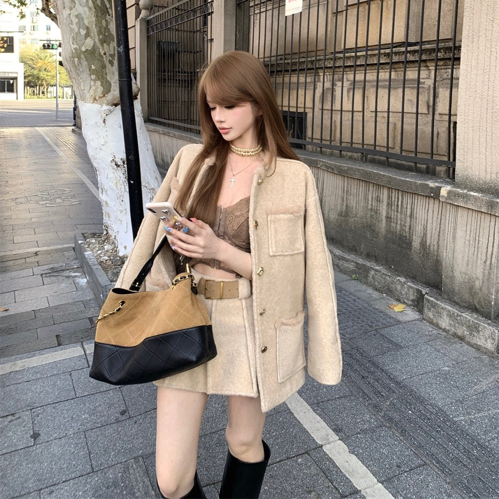 Tan Wool Coat Belt Skirt Set