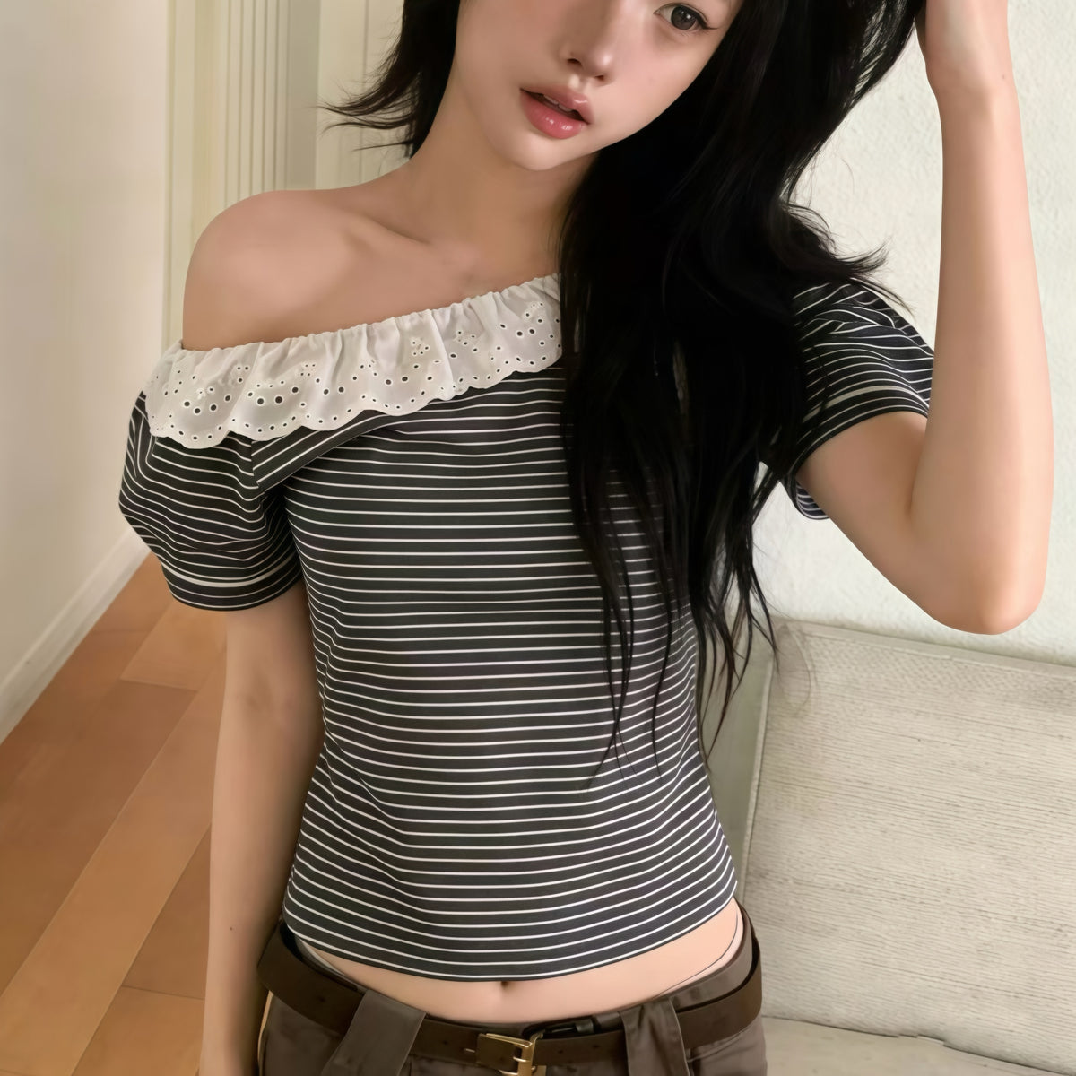 Black Stripe Frill Single Off Shoulder Top