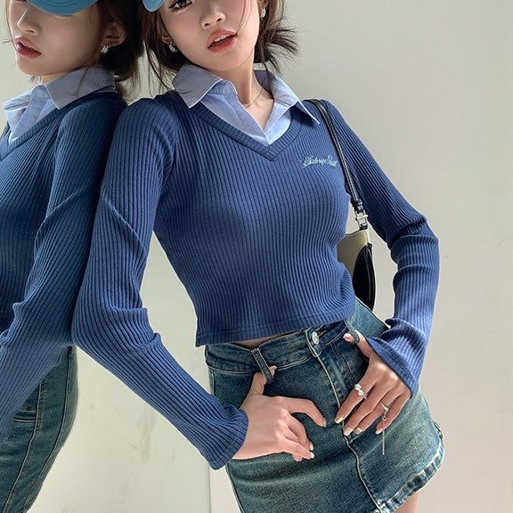 Blue Knit Inner Collar Sweater