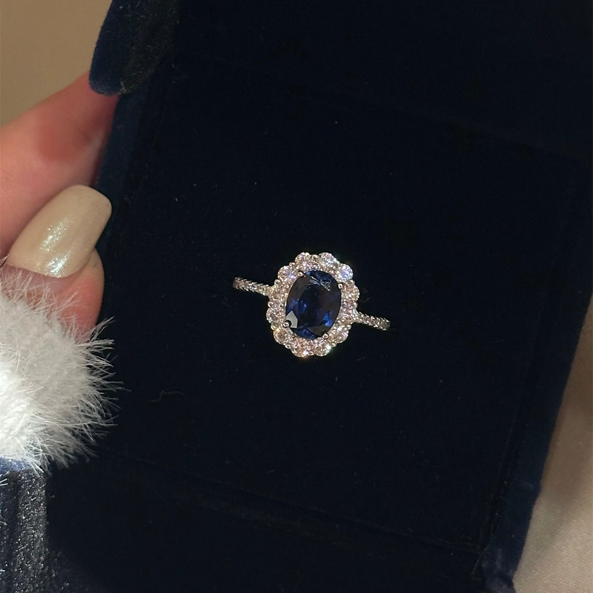 Oval Sapphire Diamond Halo Ring S925