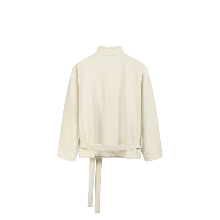 Beige High-Neck Waist Tied Coat