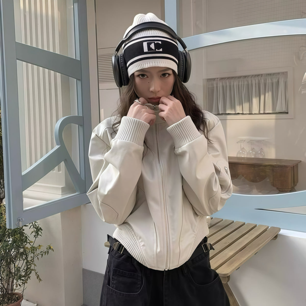 Cream Faux Leather Biker Jacket