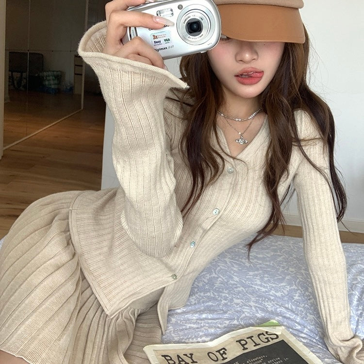 Knit Button-Up Sweater Pleated Skirt Set