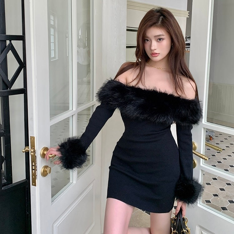 Black Fuzz Neck Sleeve Dress