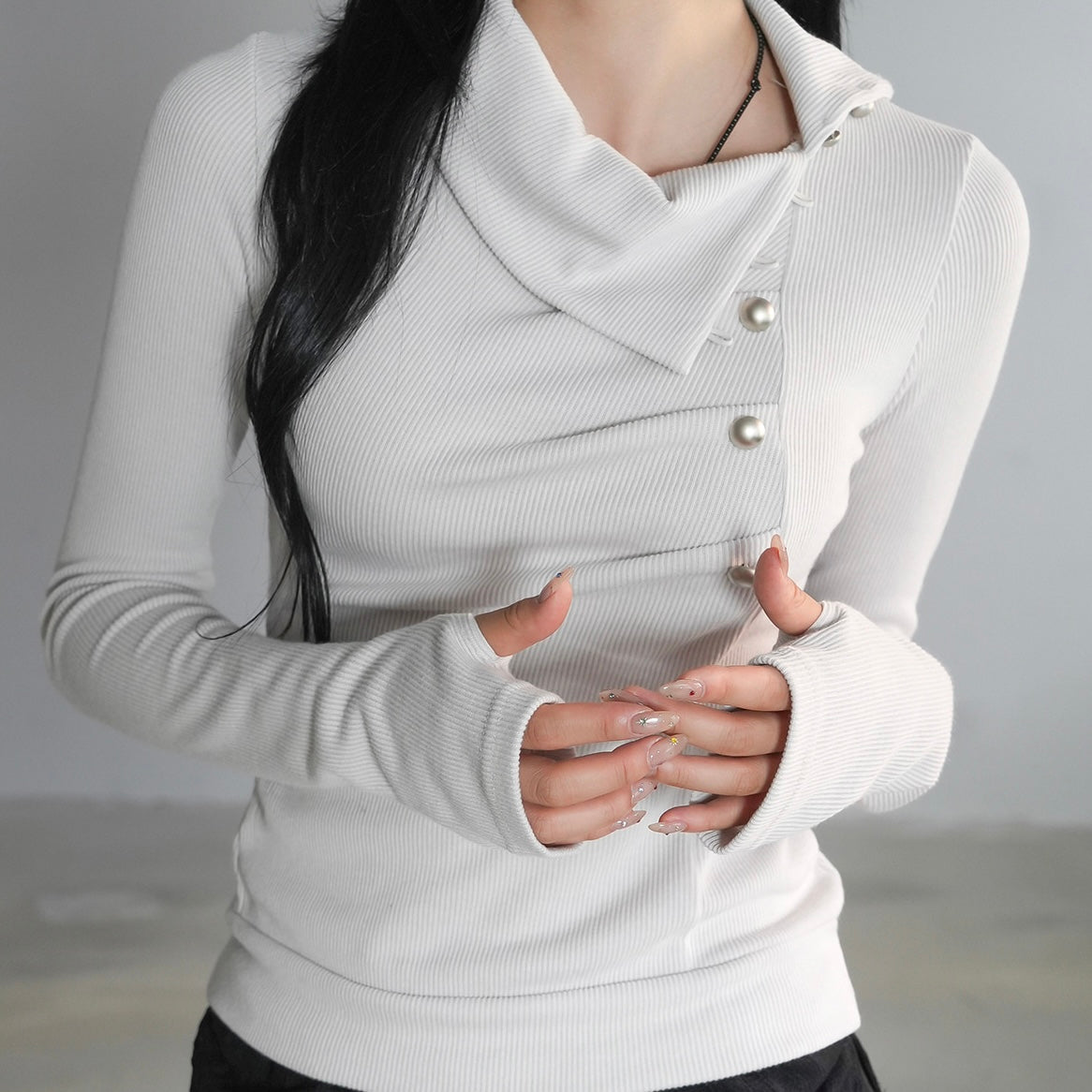 Knit White Turtle Neck Side Button Top
