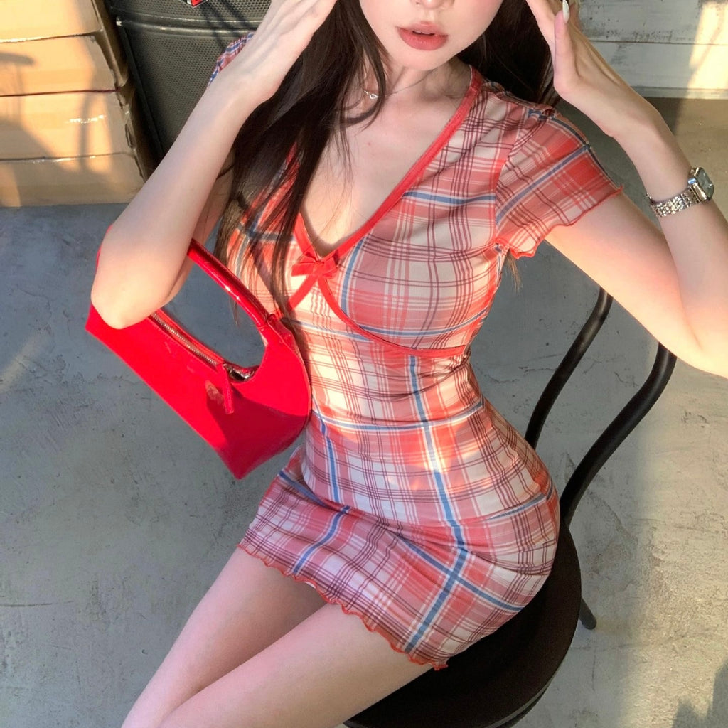 Red Plaid Blue Accent Short Sleeve Dress