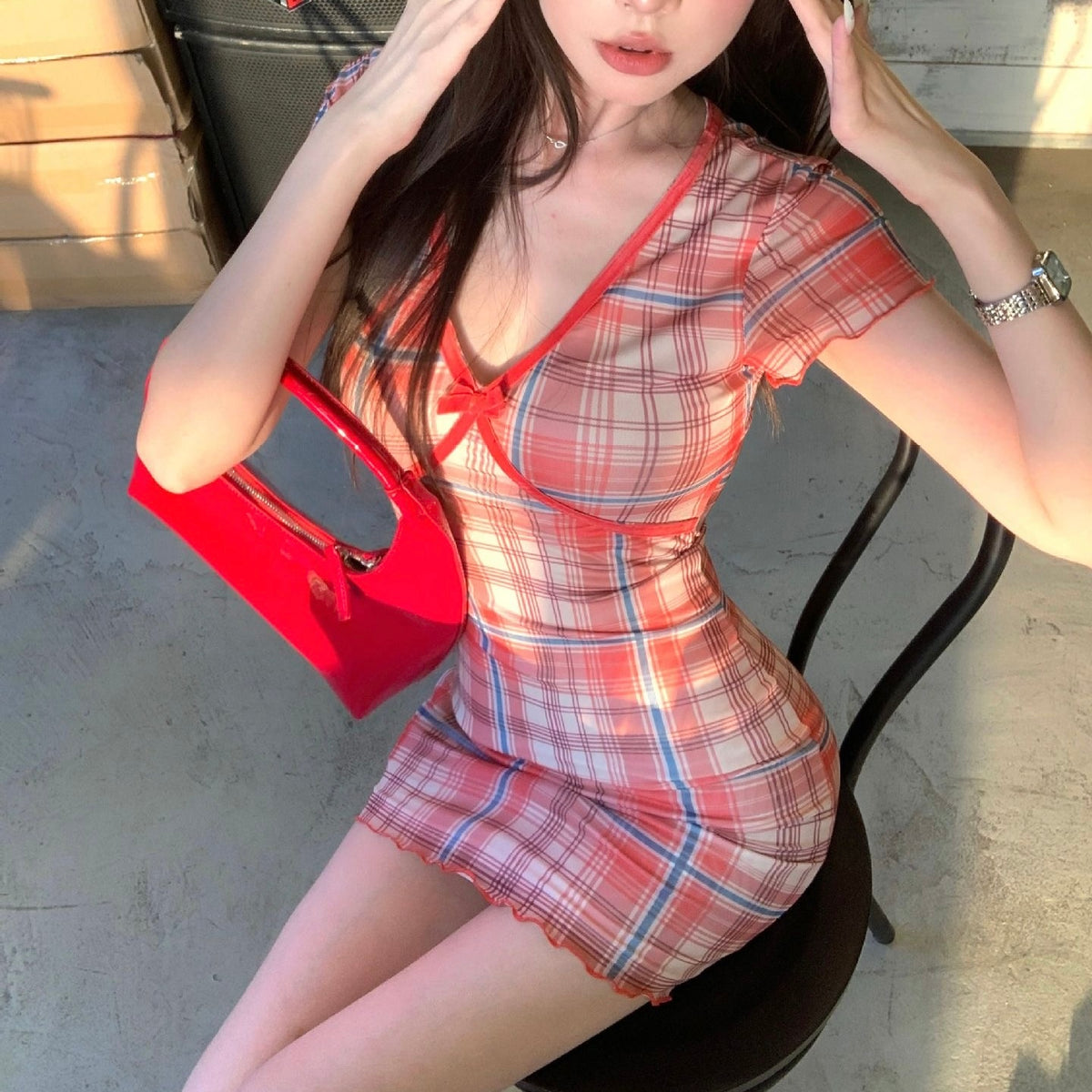 Red Plaid Blue Accent Short Sleeve Dress