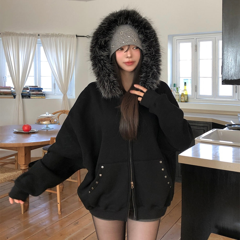 Black Fleece Lined Hood Zip Jacket