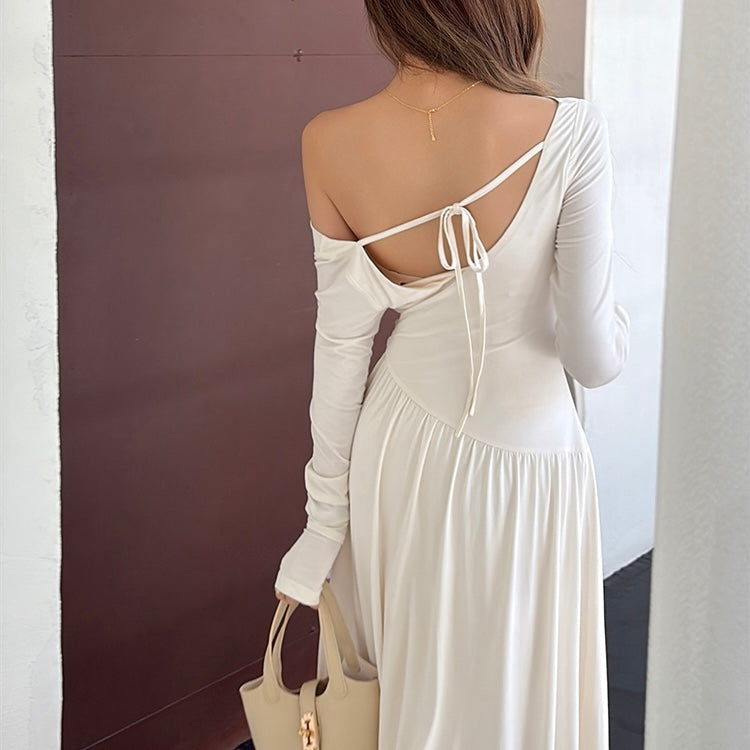 White Single Off-Shoulder Long Sleeve Maxi Dress