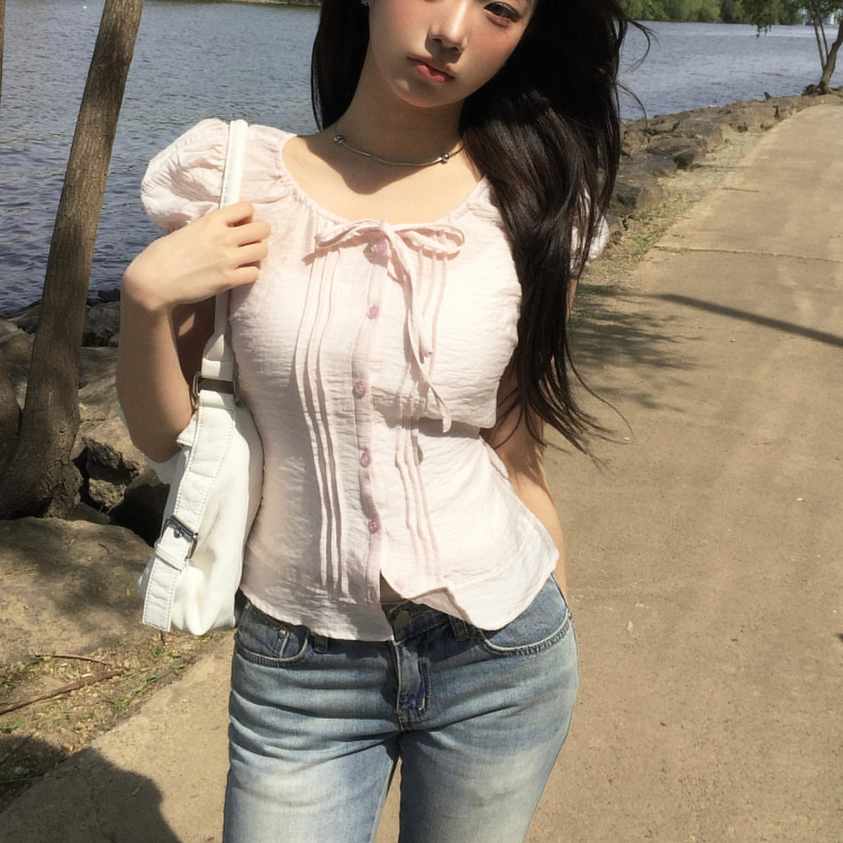 Ribbed Puff Sheer Short Sleeve Top