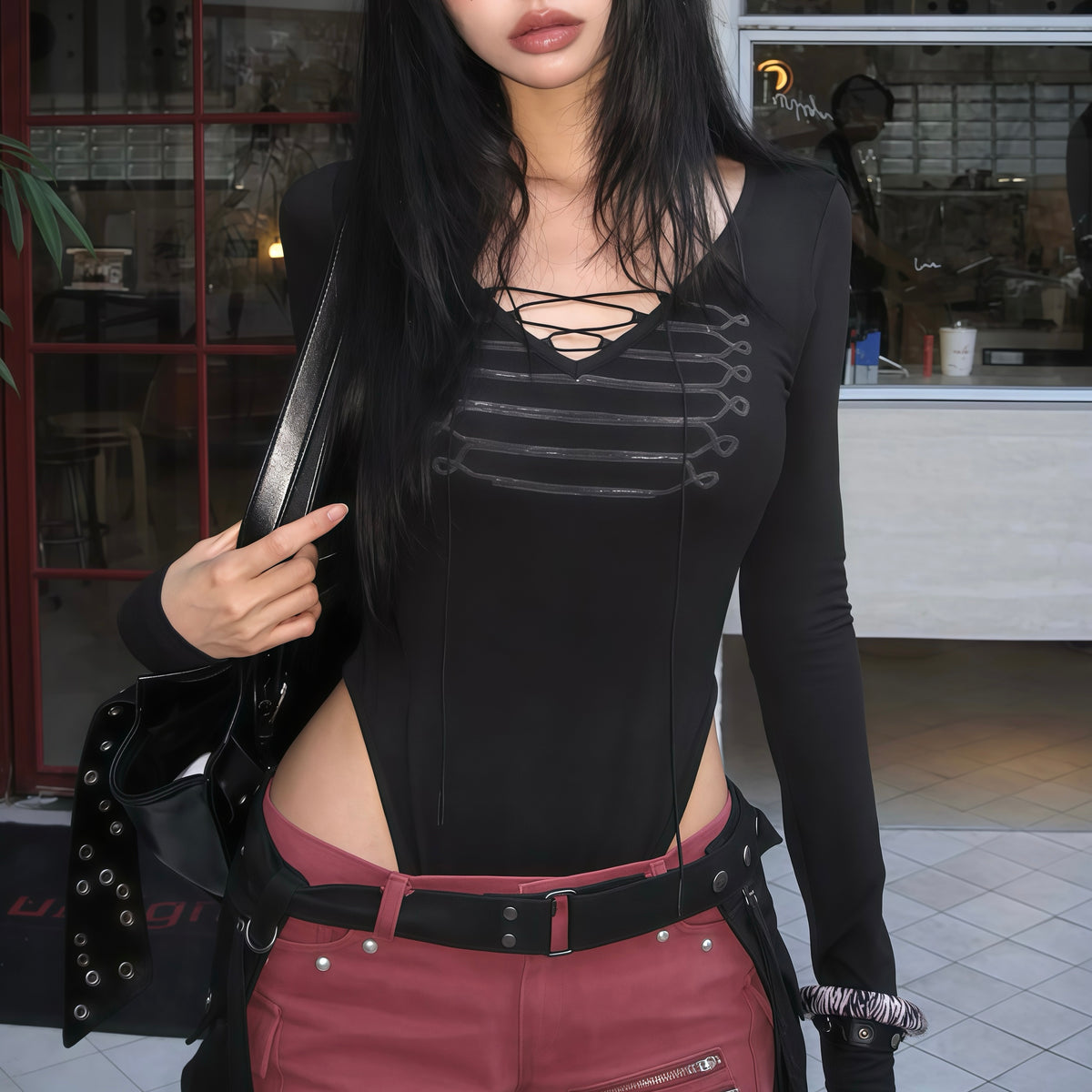 String Lace-Up Long Sleeve Bodysuit
