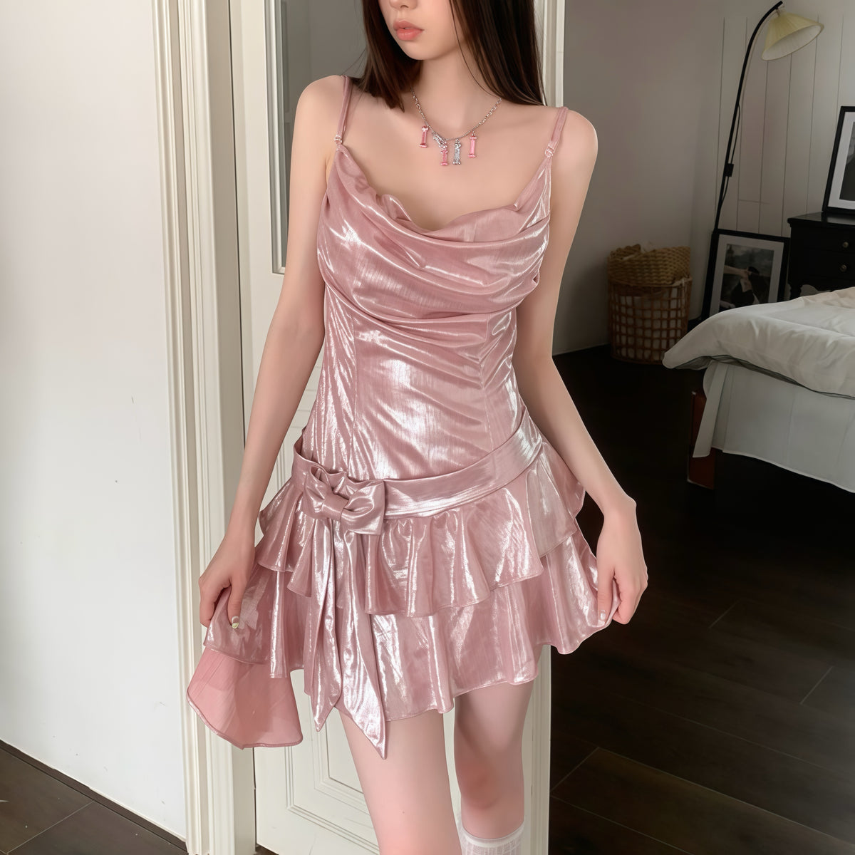 Pink Shiny Ruffle Hem Dress