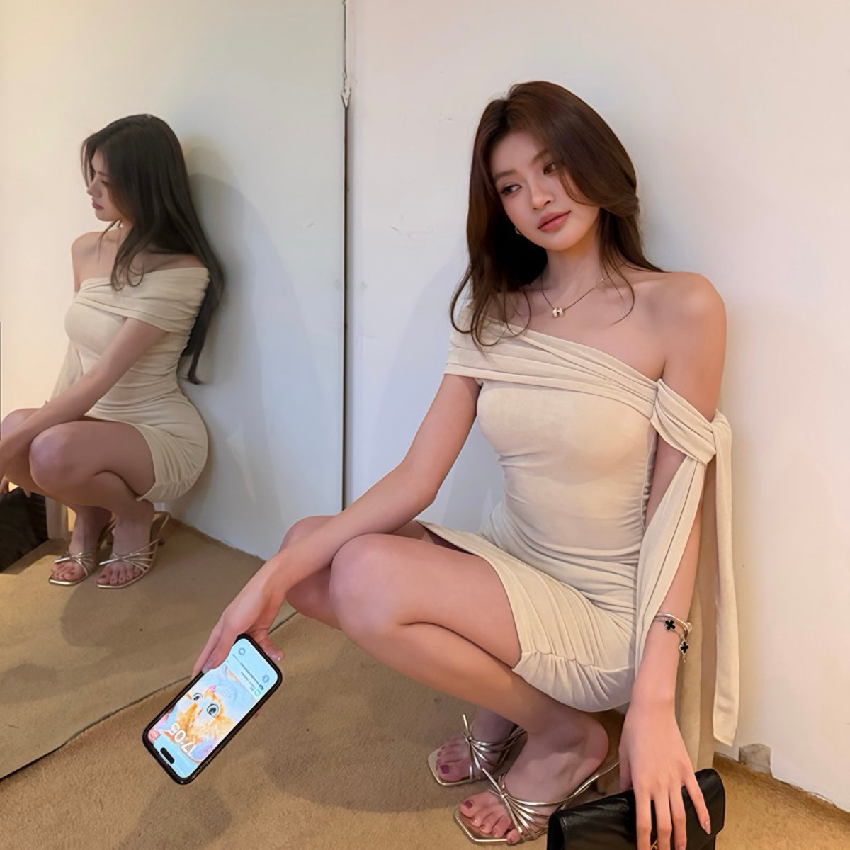 Beige Off-Shoulder Knot Tie Sleeve Dress