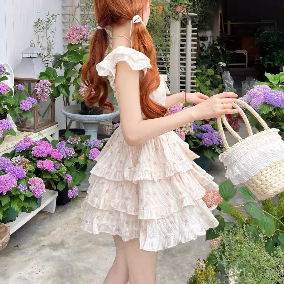 Beige Floral Cascade Ruffle Dress