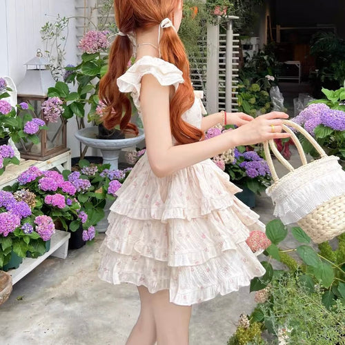 Beige Floral Cascade Ruffle Dress