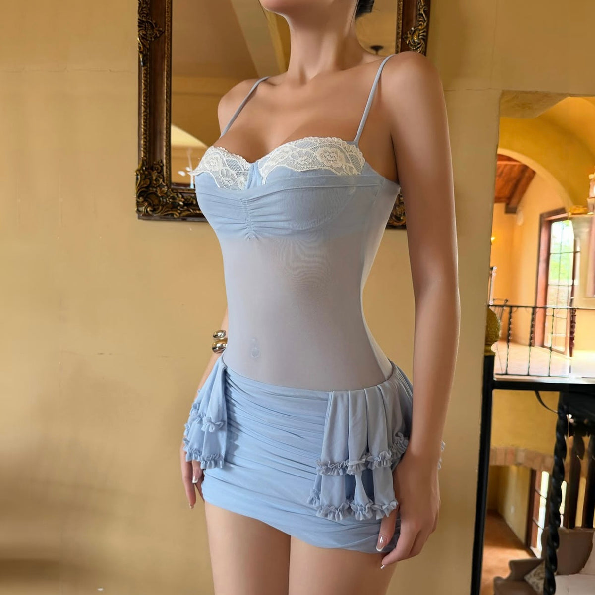 Baby Blue Sheer Body Lace Top Dress
