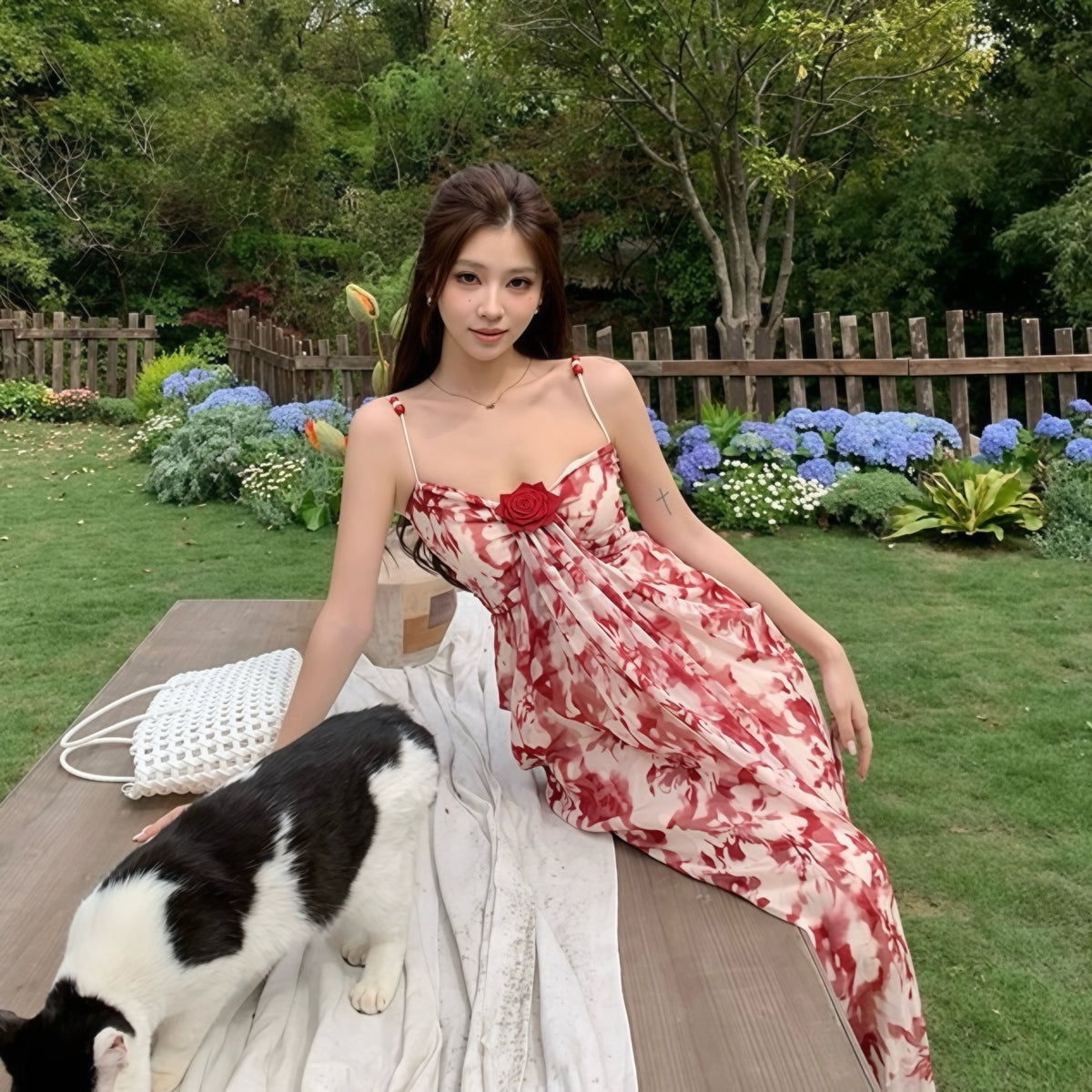 Red Rose Floral Print Maxi Dress
