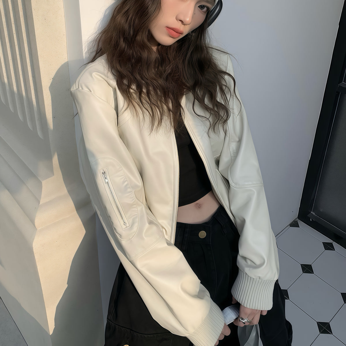 Cream Faux Leather Biker Jacket