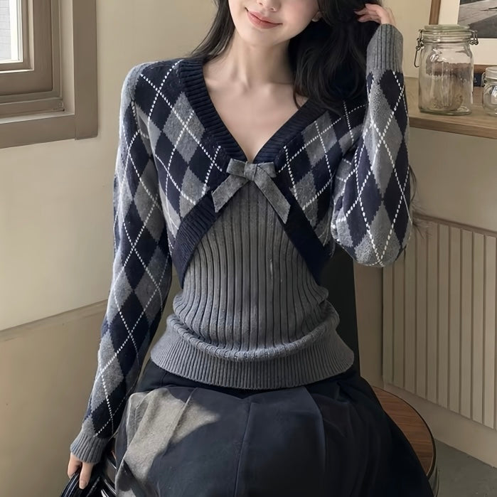 Grey Ribbon Indigo Argyle Sweater Set