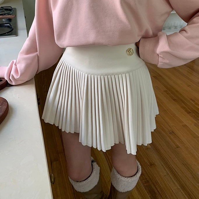 Thick Pleated Gold Button Skirt