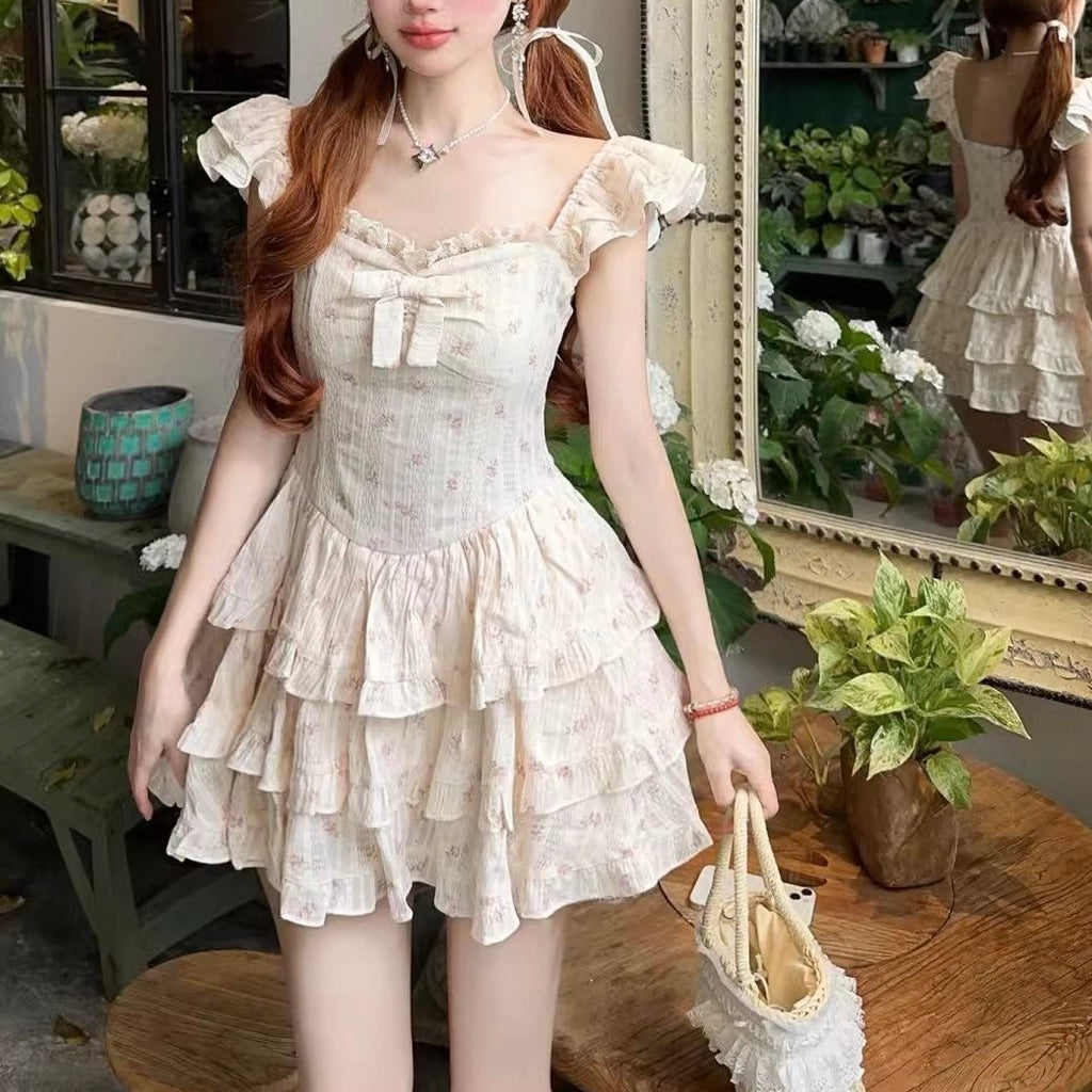 Beige Floral Cascade Ruffle Dress