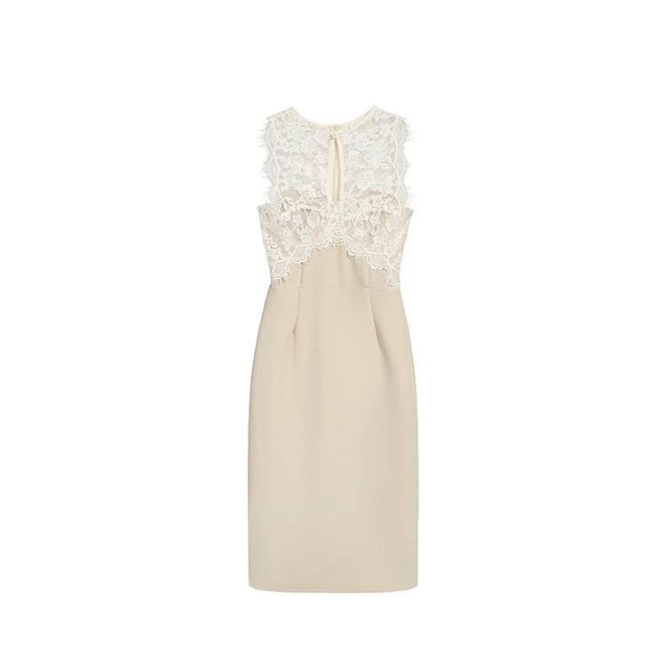 Beige Lace Front Halter Pencil Dress