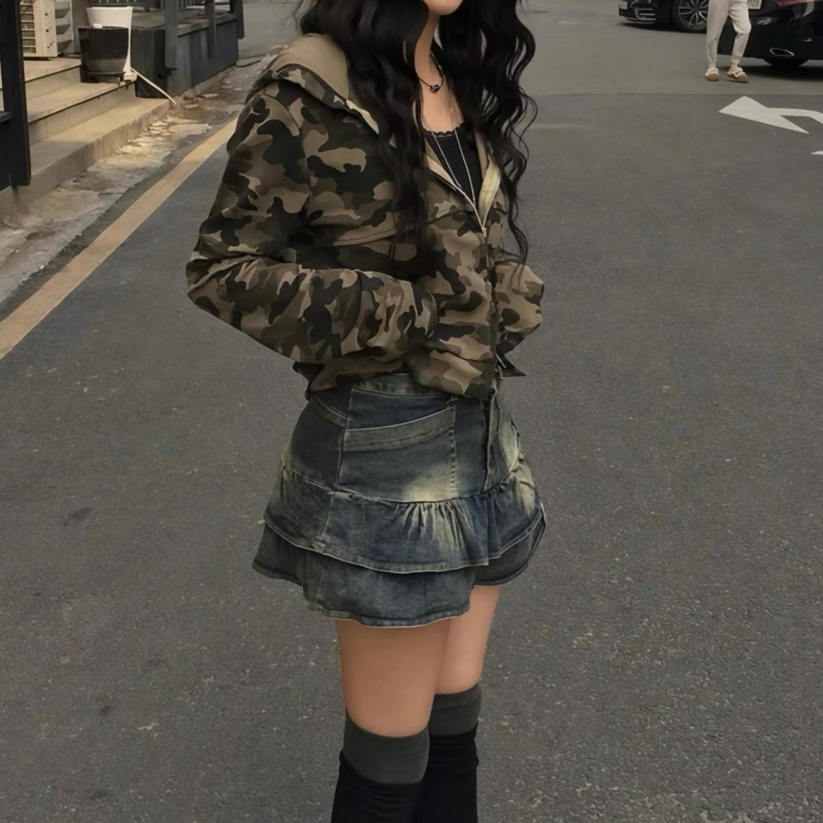 Khaki Camo Zip Crop Hoodie