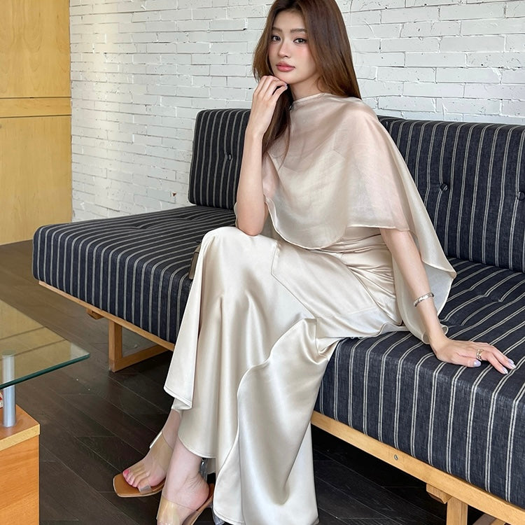 Champagne Satin Long Front Wrap Dress