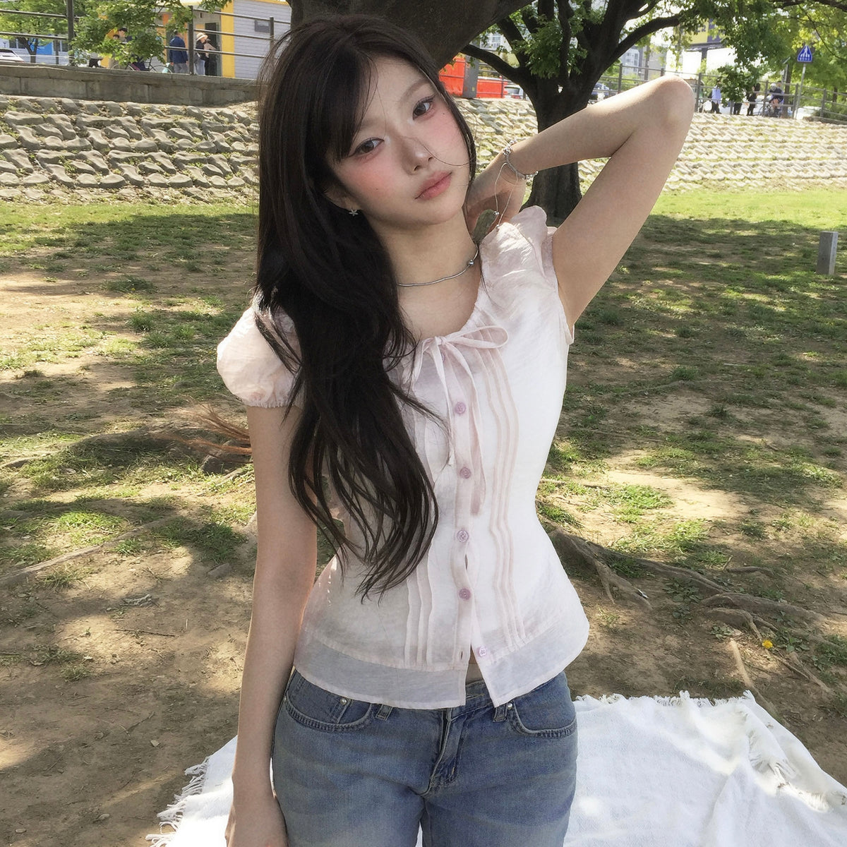 Ribbed Puff Sheer Short Sleeve Top