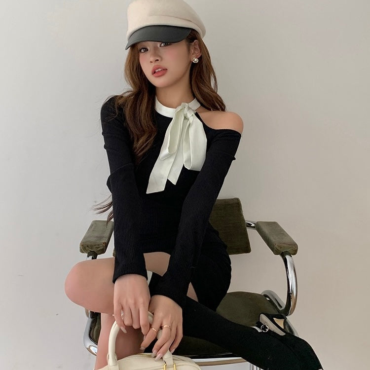 Ribbon Neck Tie Black Dress