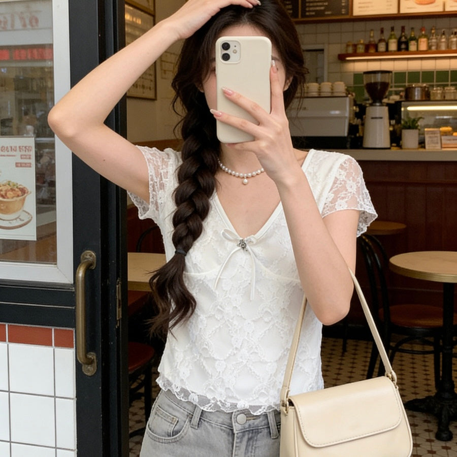 White Lace Layer Short-Sleeve Top