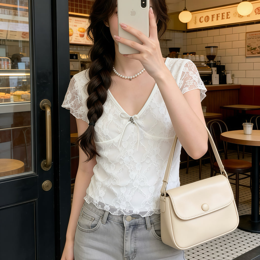 White Lace Layer Short-Sleeve Top