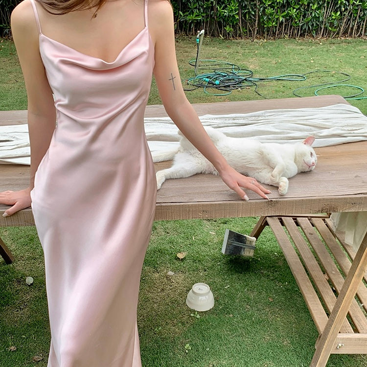Pink Satin Slip Maxi Dress