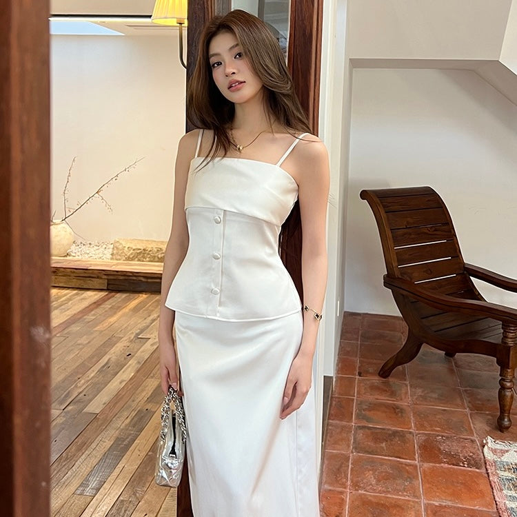 White Satin Camisole Maxi A-Line Skirt Set