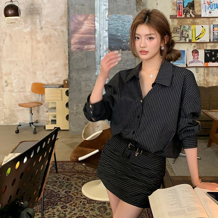 Black Line Shirt Belt Skirt Set