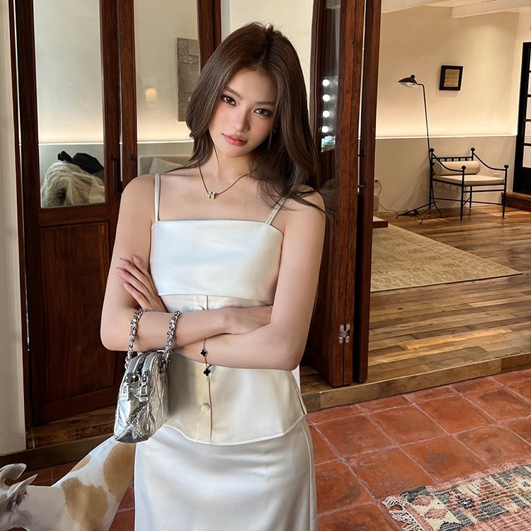 White Satin Camisole Maxi A-Line Skirt Set