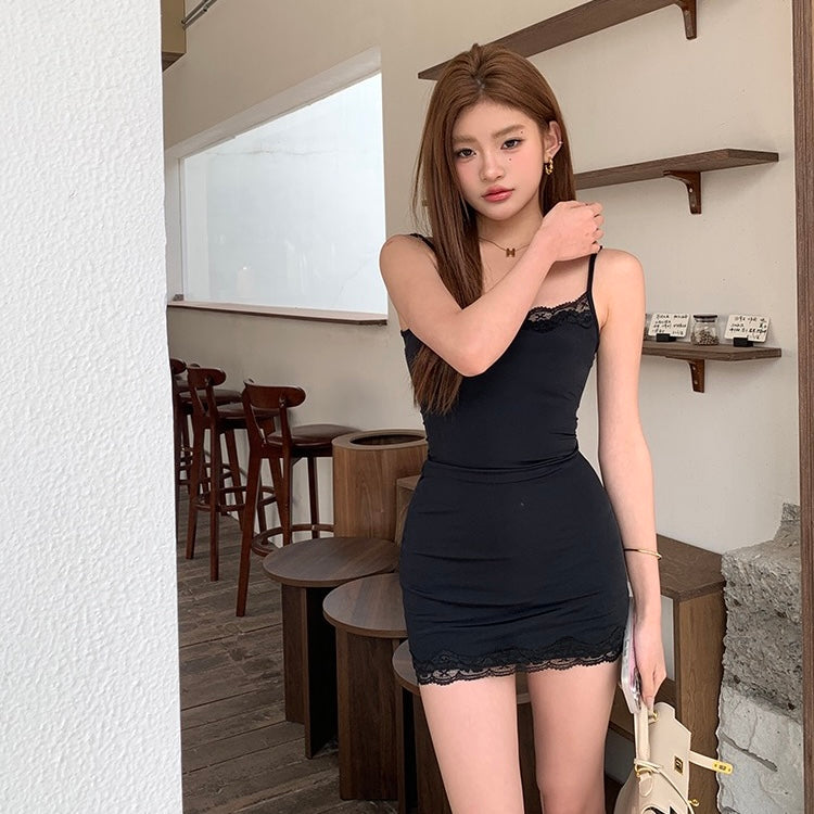Black Lace Trim Mini Dress