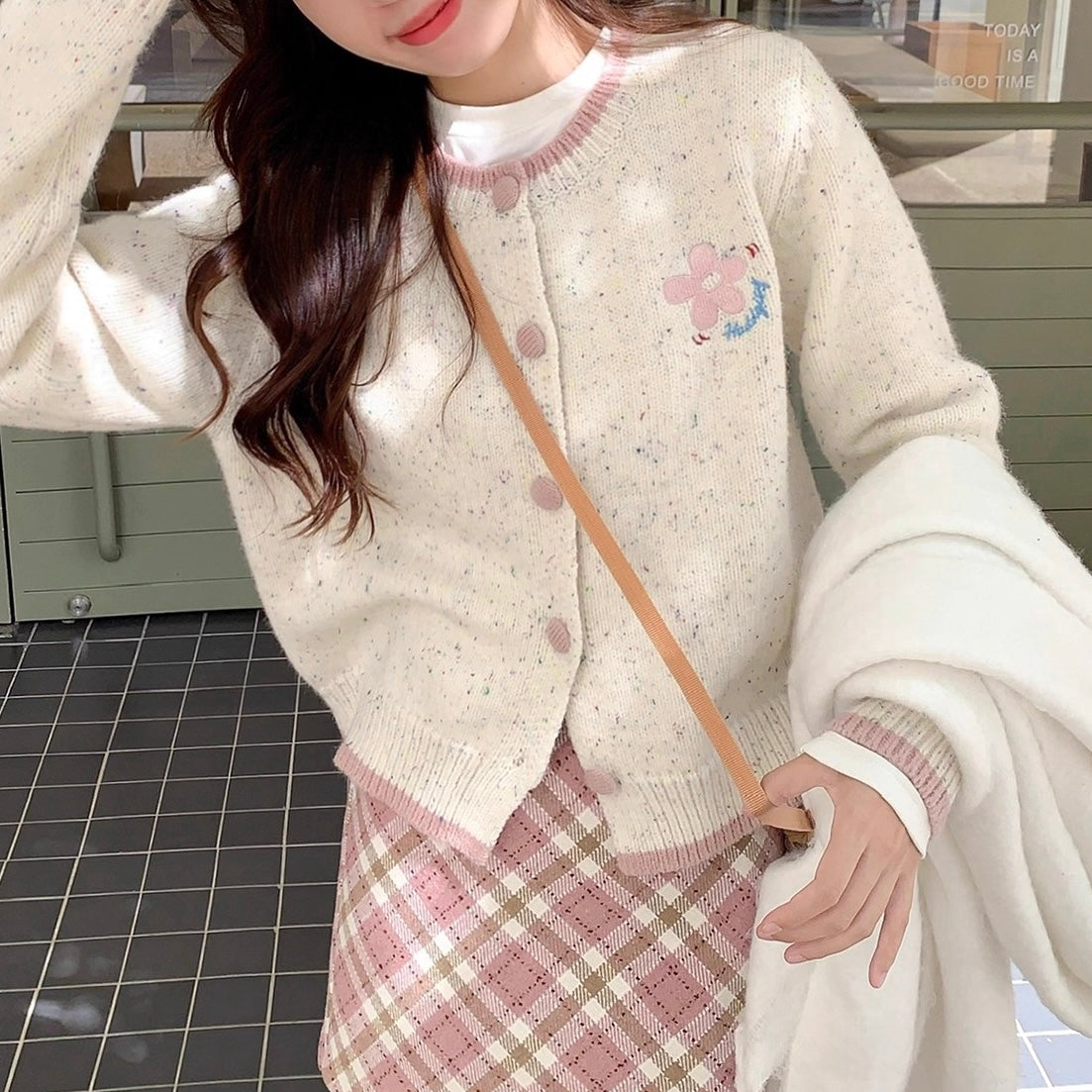 Flower Pink Hem Button Cardigan