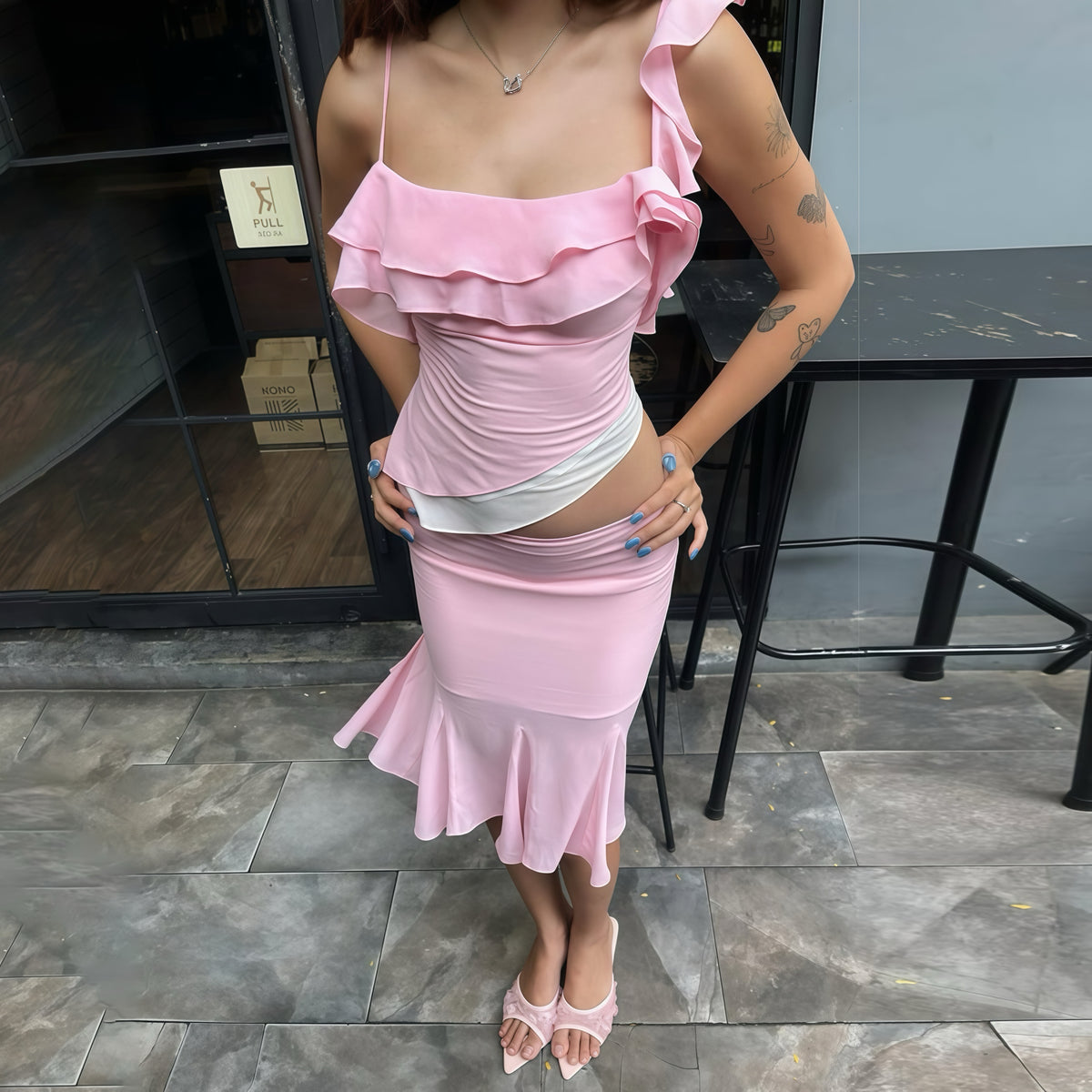 Pink Ruffle Camisole Sheer Hem Skirt Set