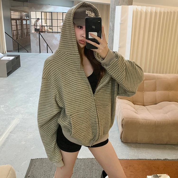 Beige Stripe Warm Fuzzy Hoodie