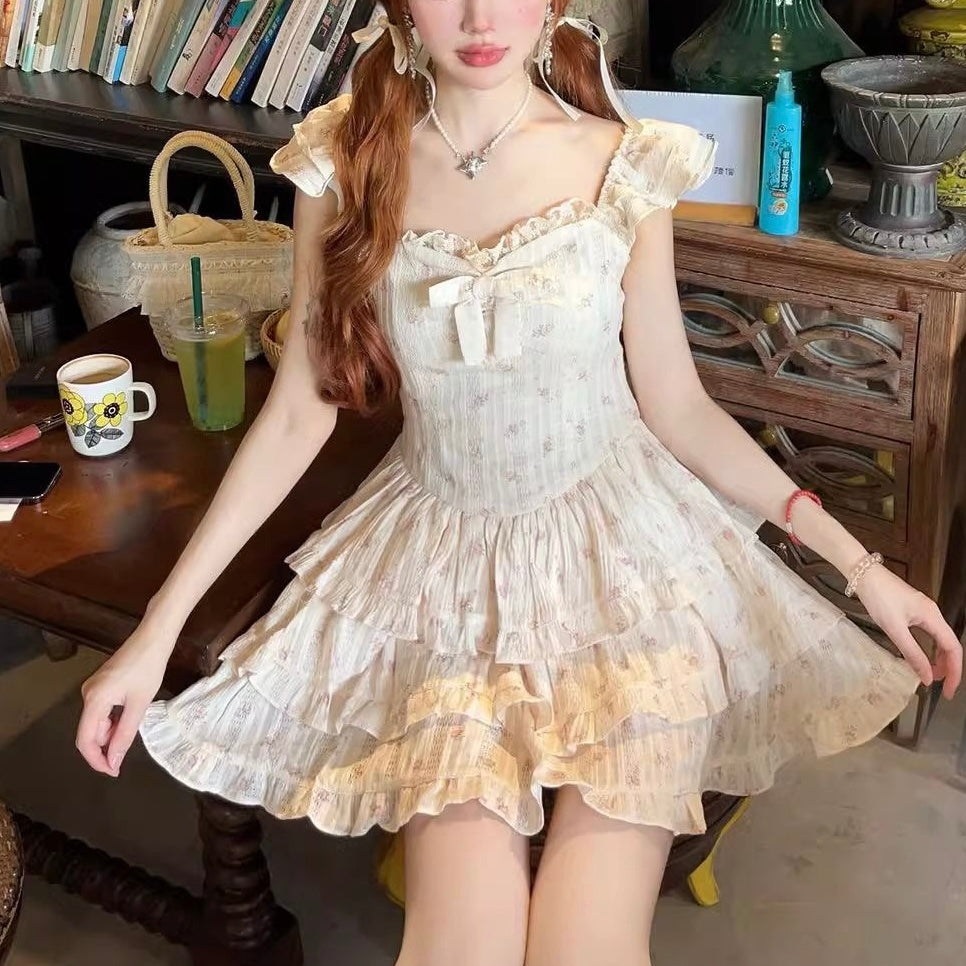 Beige Floral Cascade Ruffle Dress